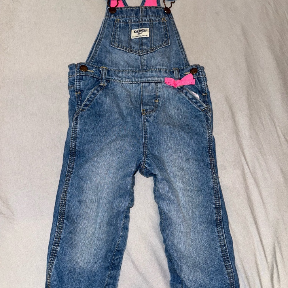 OshKosh B'gosh Girls' Blue Denim Overalls with Pink Bow Accent